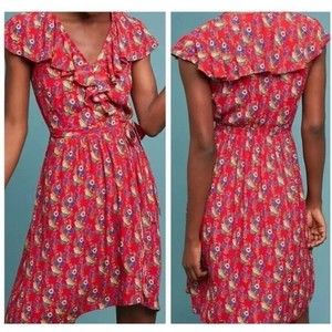 ANTHROPOLOGIE Maeve Sz 0 Rosalia Ruffle Faux Wrap Red Floral Dress $148